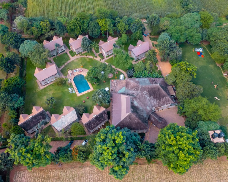 Aerial view of Weruweru River Lodge grounds near Moshi, Tanzania