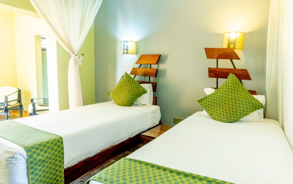 Twin room interior view at Weruweru River Lodge, Moshi Tanzania