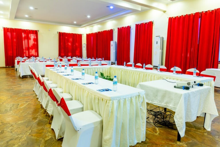 Conference room seating arrangement at Weruweru River Lodge, Moshi Tanzania
